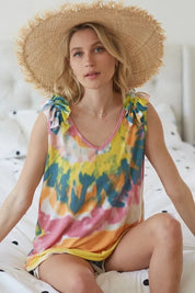 BiBi Circular Tie Dye Knit V Neck Top With Ruffle | Tops Daverri Fashions