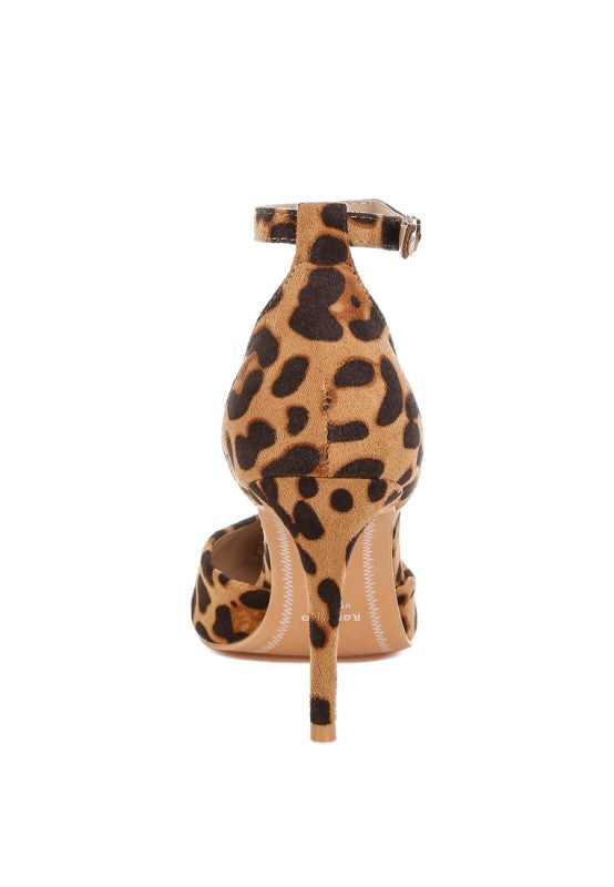 Leopard-print suede stiletto heel sandal with thin ankle strap