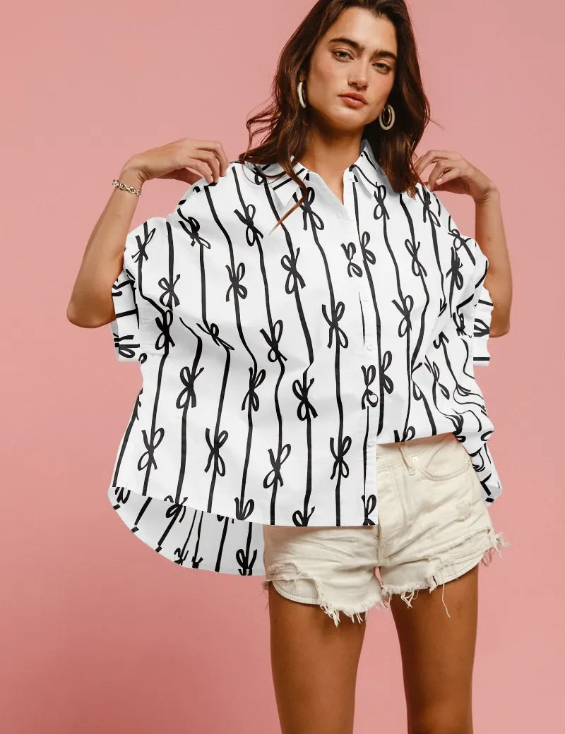 OFF WHITE BLACK BiBi Bow Ribbon Woven Printed Button Down Shirt | Shirts Daverri Fashions