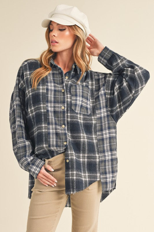 Aemi + Co Frayed Hem Plaid Button Up Flannel Shirt Dark Navy Shirts