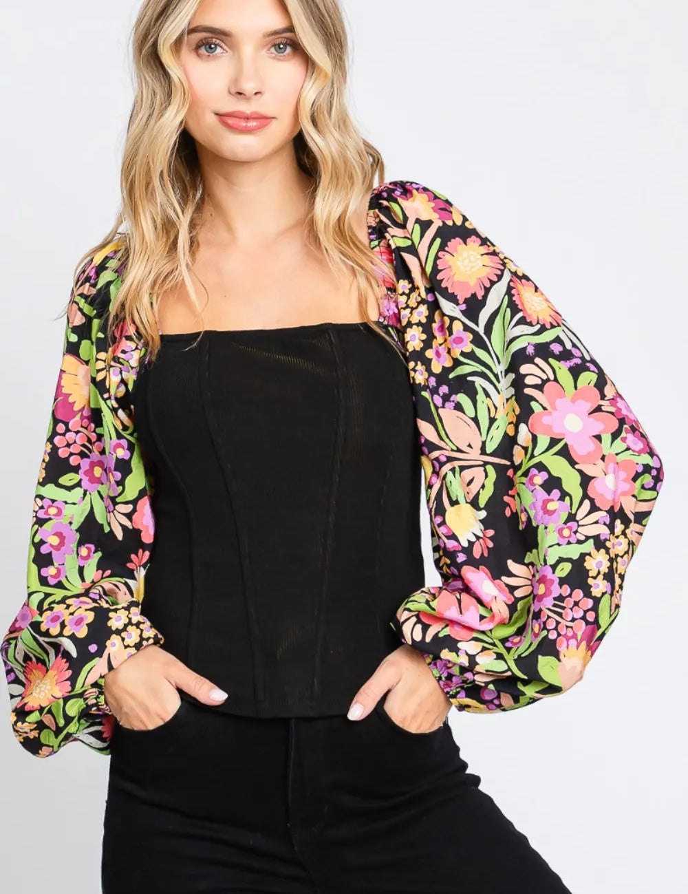 Black ODDI Full Size Floral Balloon Sleeve Blouse | Daverri Fashions