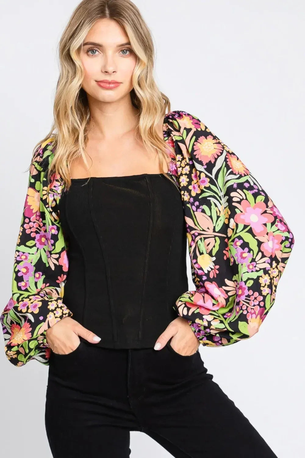 ODDI Full Size Floral Balloon Sleeve Blouse - DAVERRI FASHIONS