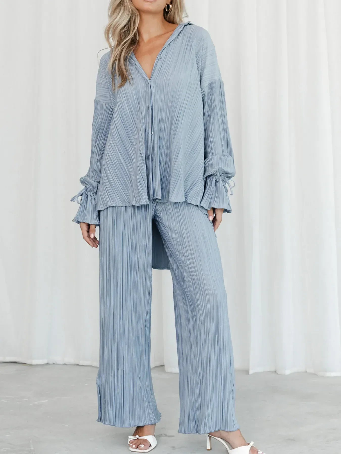 Button Up Long Sleeve Top and Pants Set - DAVERRI FASHIONS