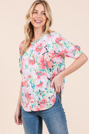 BOMBOM Floral Round Neck Puff Sleeve Top | Tops Daverri Fashions