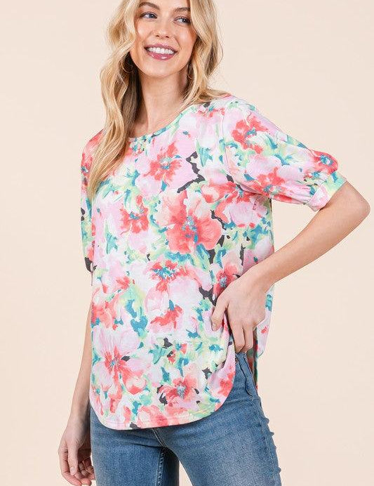 BOMBOM Floral Round Neck Puff Sleeve Top | Tops Daverri Fashions