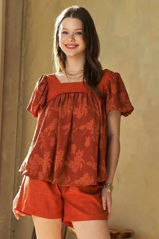 Davi & Dani Nature Printed Square Neck Puff Sleeve Blouse