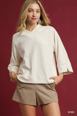 Umgee Textured Knit V-Neck Top Ecru - DAVERRI FASHIONS