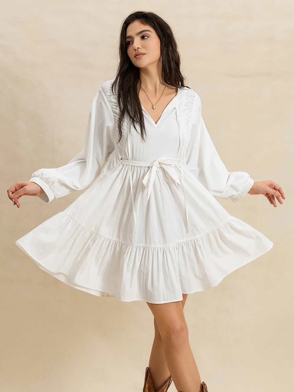 Tiered Tie Neck Long Sleeve Mini Dress | Daverri Fashions