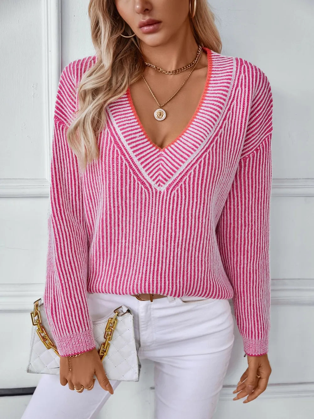 Striped V-Neck Long Sleeve Sweater | Sweaters Daverri Fashions