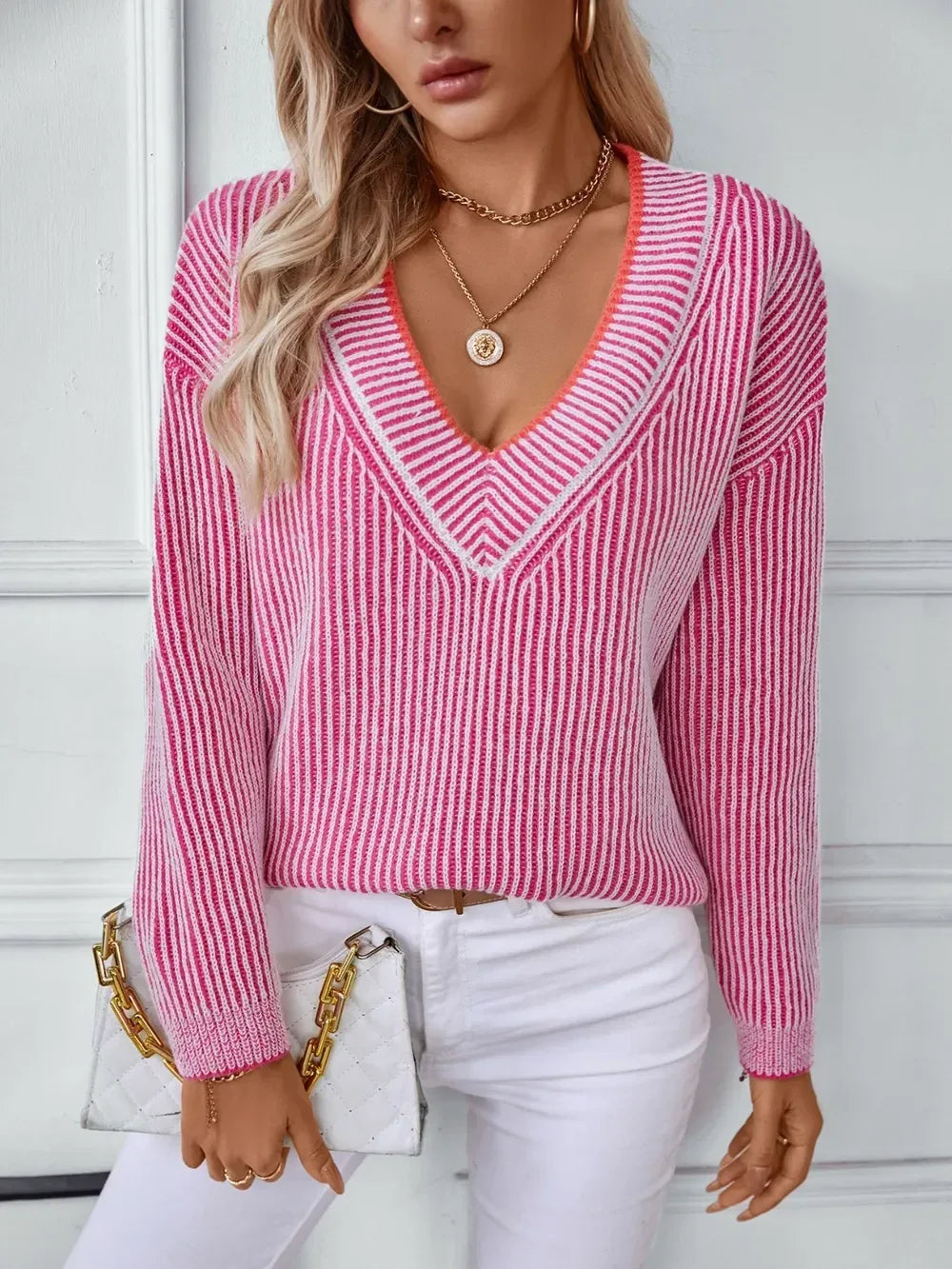 Striped V-Neck Long Sleeve Sweater - DAVERRI FASHIONS