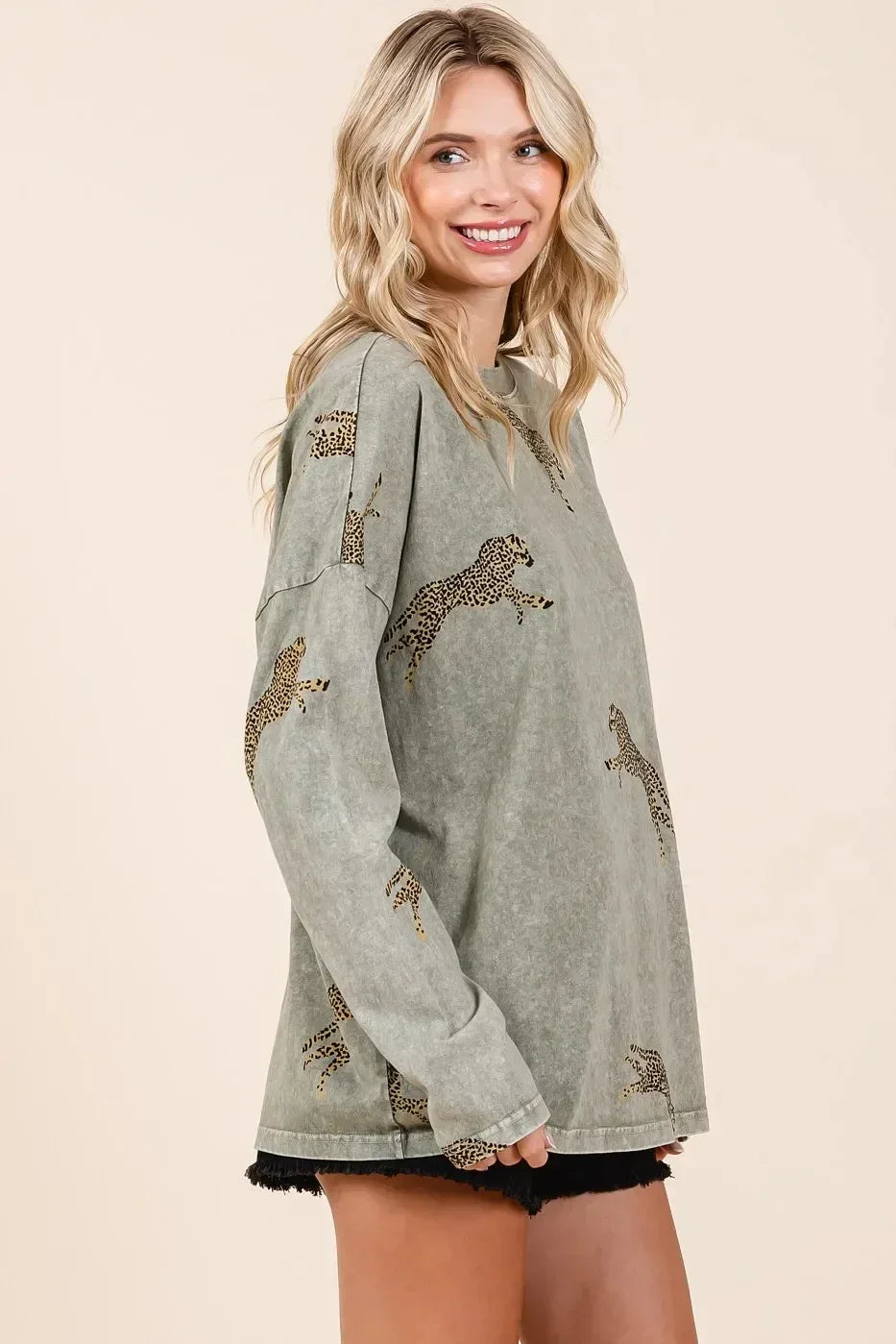 Mittoshop Mineral Wash Cheetah Print Long Sleeve Top - DAVERRI FASHIONS