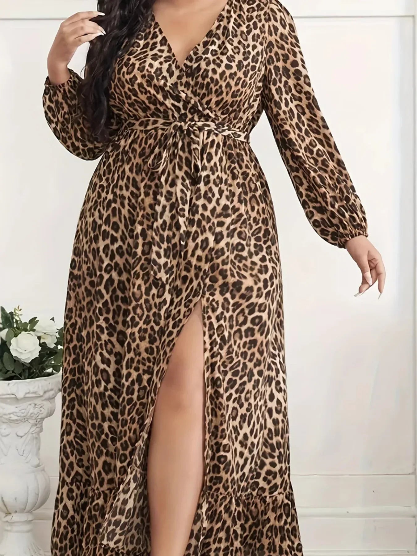 Plus Size Leopard Print Surplice Maxi Dress - DAVERRI FASHIONS
