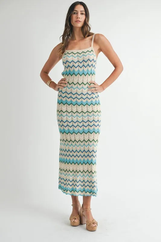 MABLE Lightweight Pointelle Chevron Knit Maxi Dress