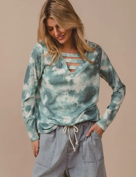 DUSTY SAGE MULTI BiBi Variegated Tie Dye Rib V-Neck Top with Strapped | Tops Daverri Fashions
