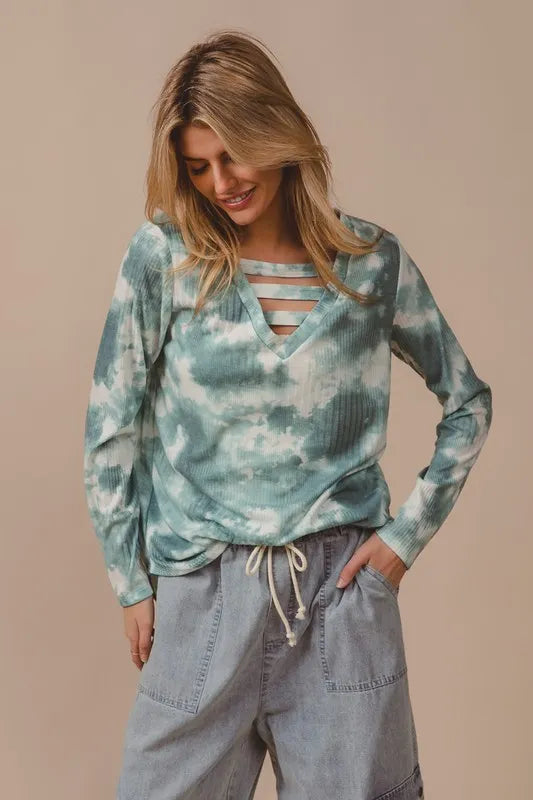 BiBi Variegated Tie Dye Rib V-Neck Top with Strapped DUSTY SAGE MULTI