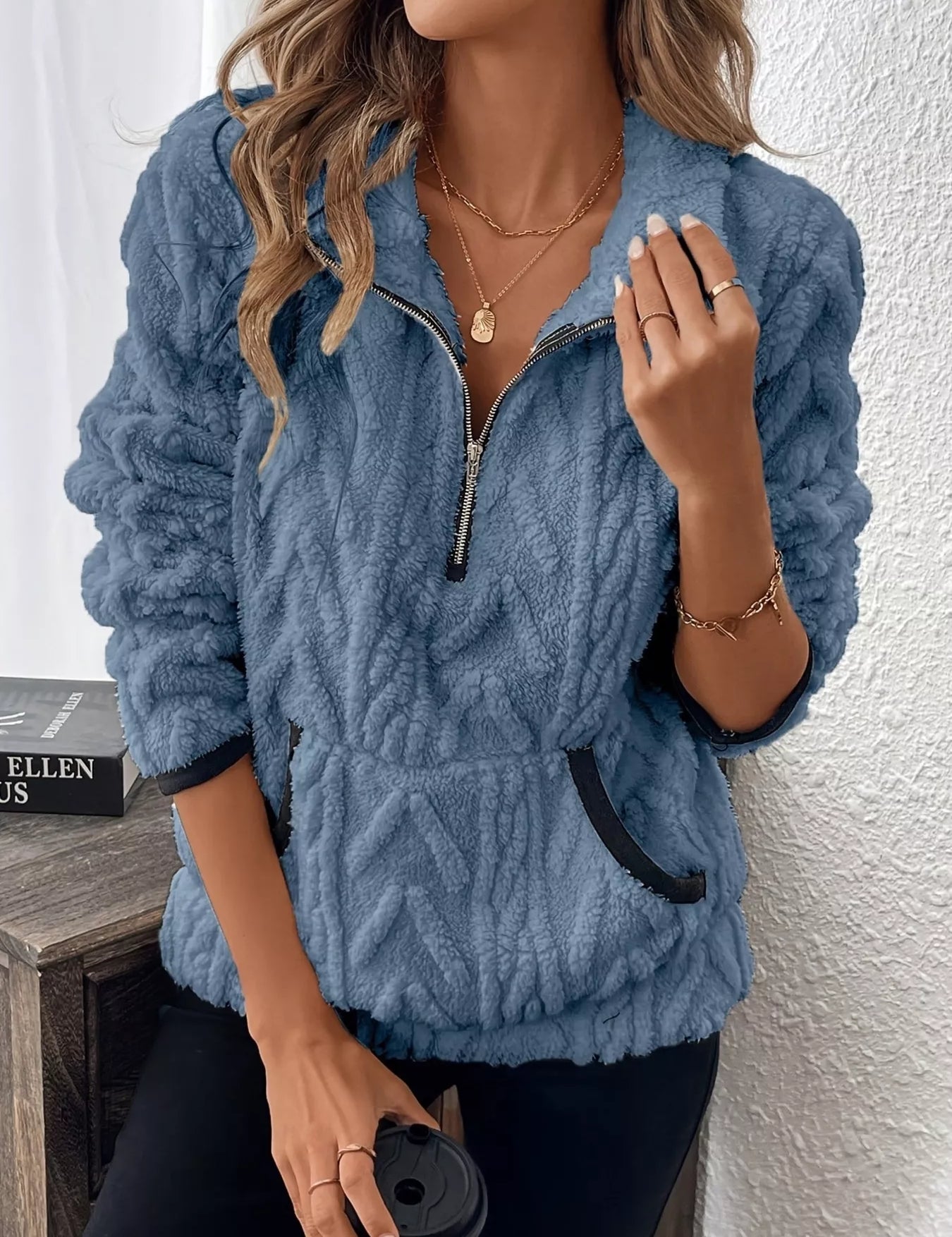 Blue Cozy Sherpa Half Zip Sweatshirt | Sweatshirts Daverri Fashions