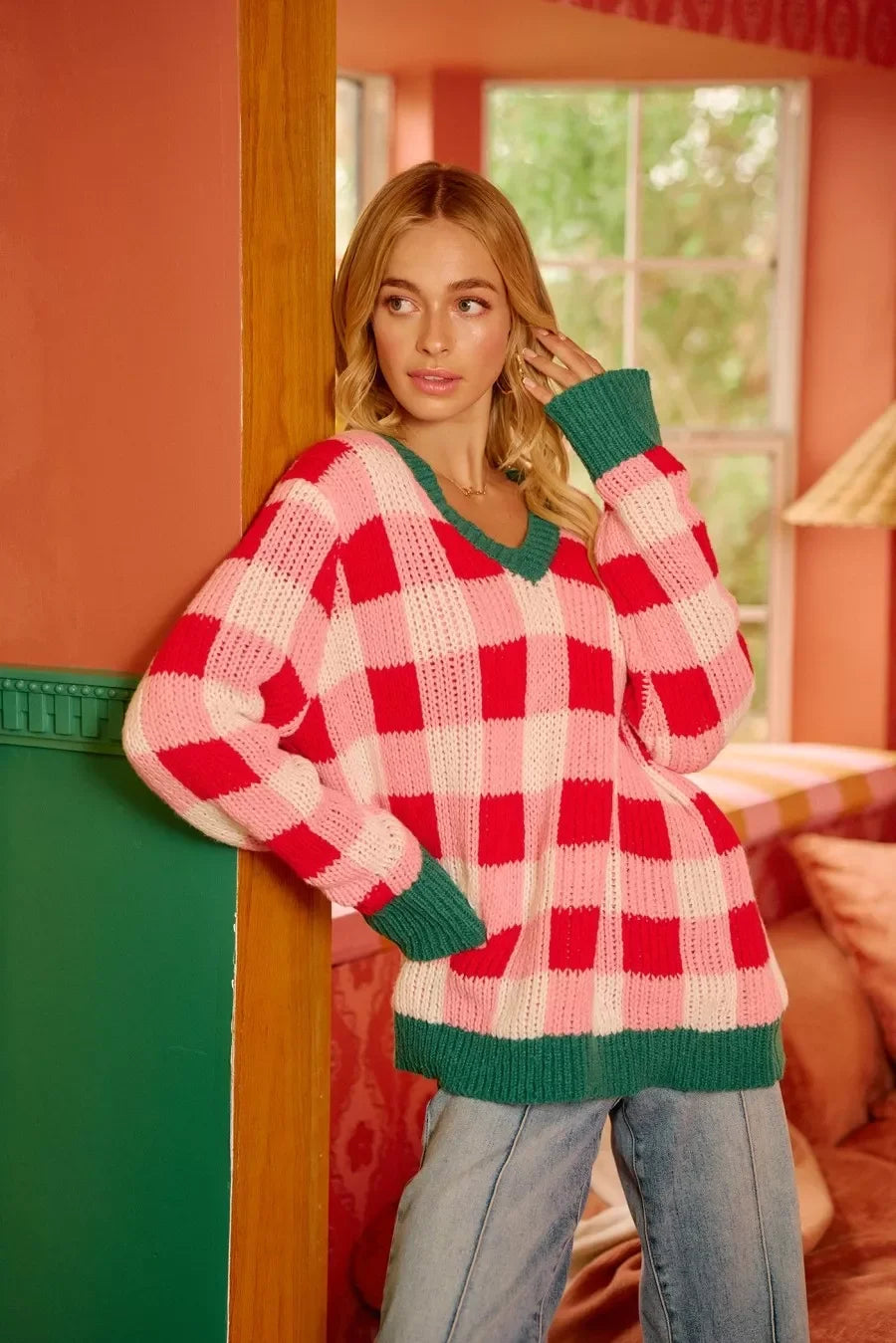 BiBi red and pink plaid oversized knit sweater with green trim