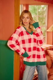 BiBi red and pink plaid oversized knit sweater with green trim