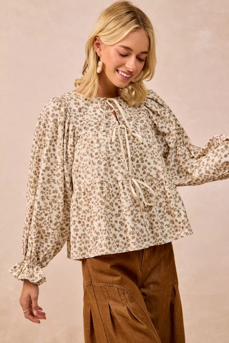 BiBi Floral Printed Peplum Blouse with Shirring and Tied | Blouses Daverri Fashions