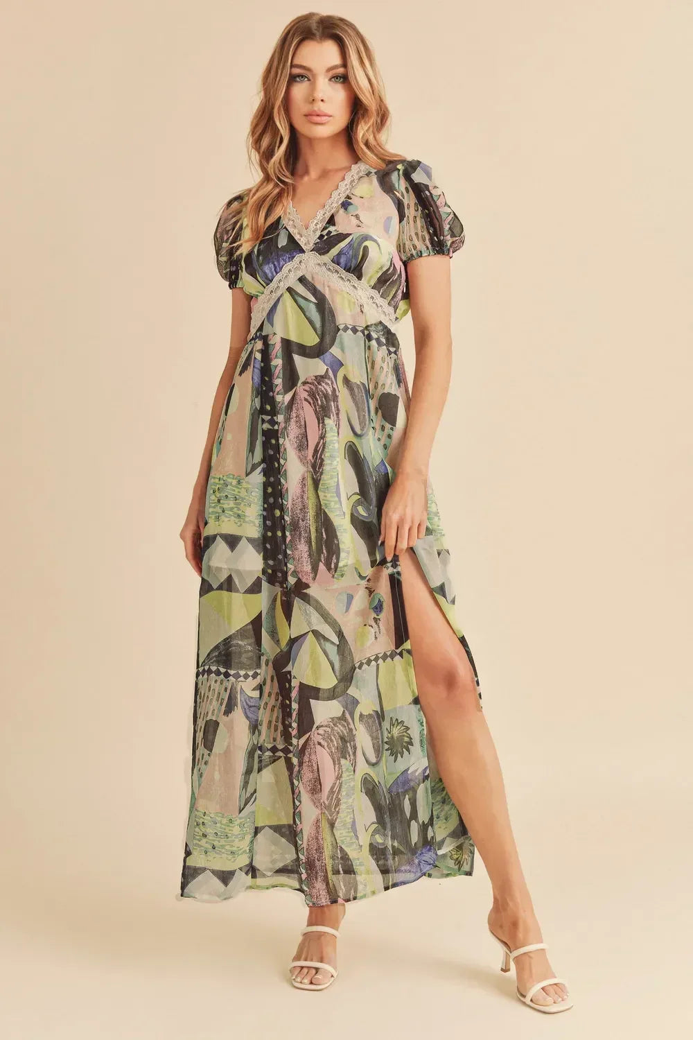 Aemi + Co Lace Detail Slit Geometric Print Short Sleeve Maxi Dress - DAVERRI FASHIONS