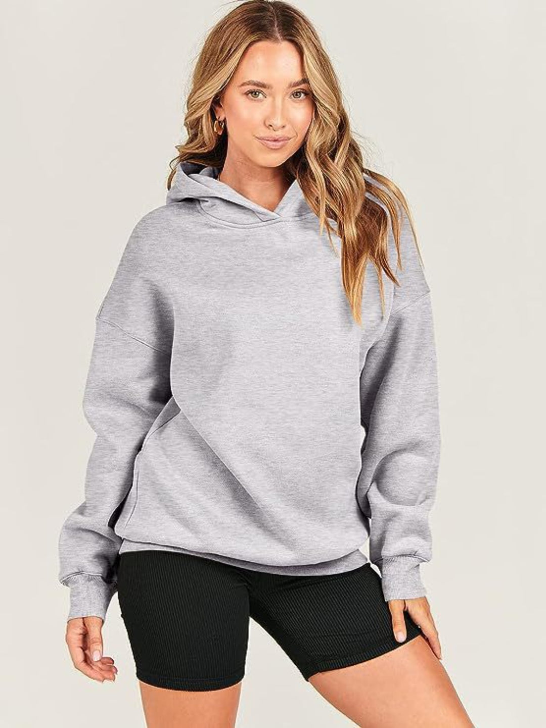 Dropped Shoulder Long Sleeve Hoodie Light Gray Tops