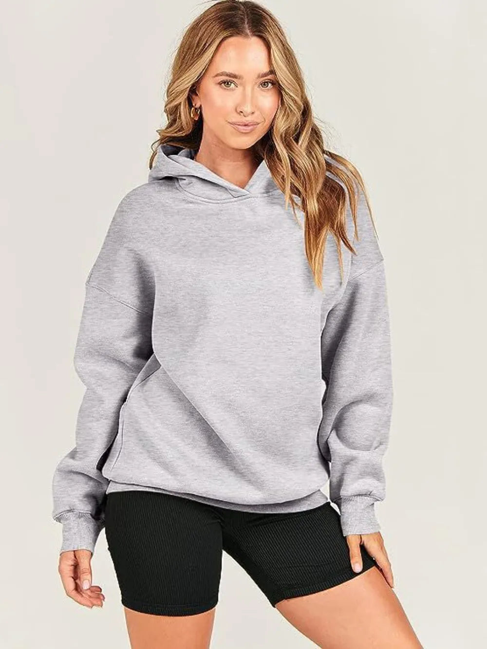 Light Gray Dropped Shoulder Long Sleeve Hoodie | Hoodies Daverri Fashions