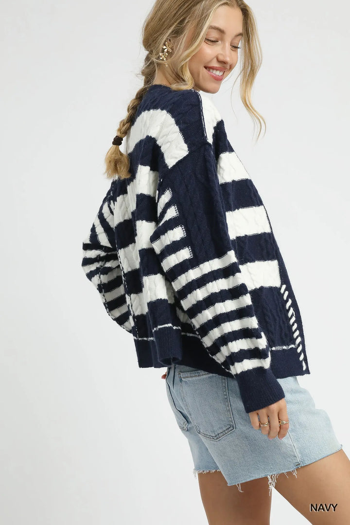 Umgee Cable-Knit Stripe Button-Up Cardigan | Cardigans Daverri Fashions