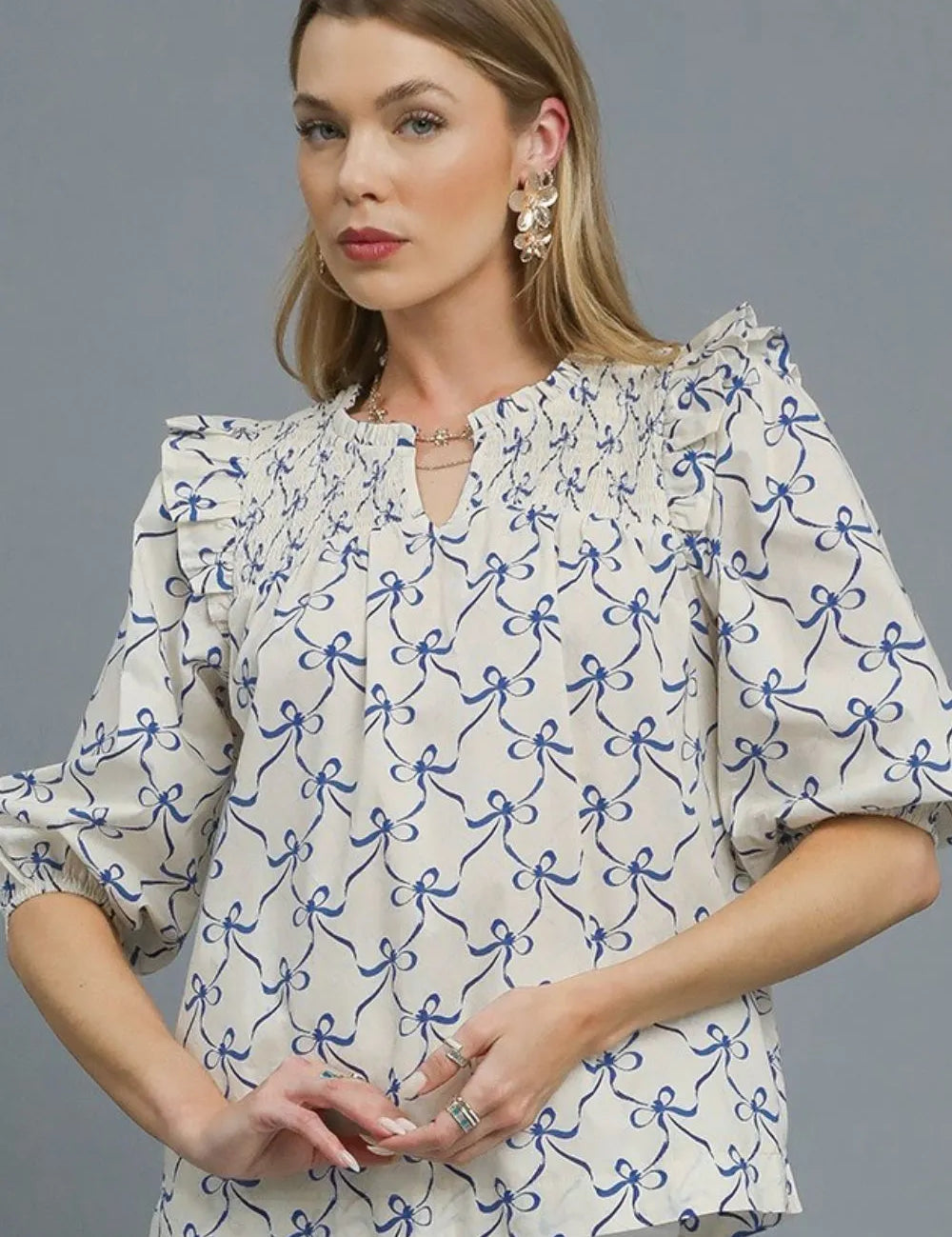 Royal Blue Umgee Ruffled Bow Print Notched Blouse | Blouses Daverri Fashions