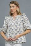 Umgee Ruffled Bow Print Notched Blouse - DAVERRI FASHIONS