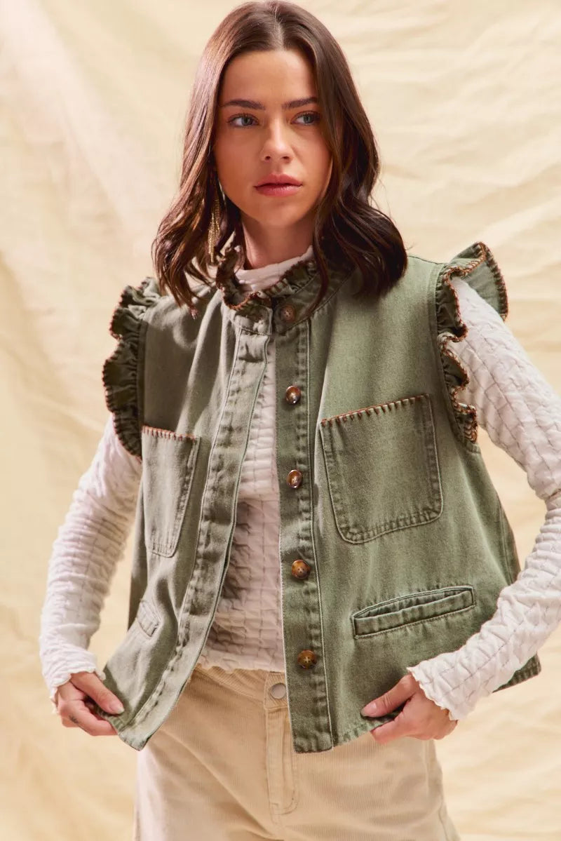 SO ME Washed Denim Stitch Ruffled Hidden Button Vest Top | Daverri Fashions