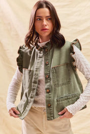 SO ME Washed Denim Stitch Ruffled Hidden Button Vest Top | Daverri Fashions