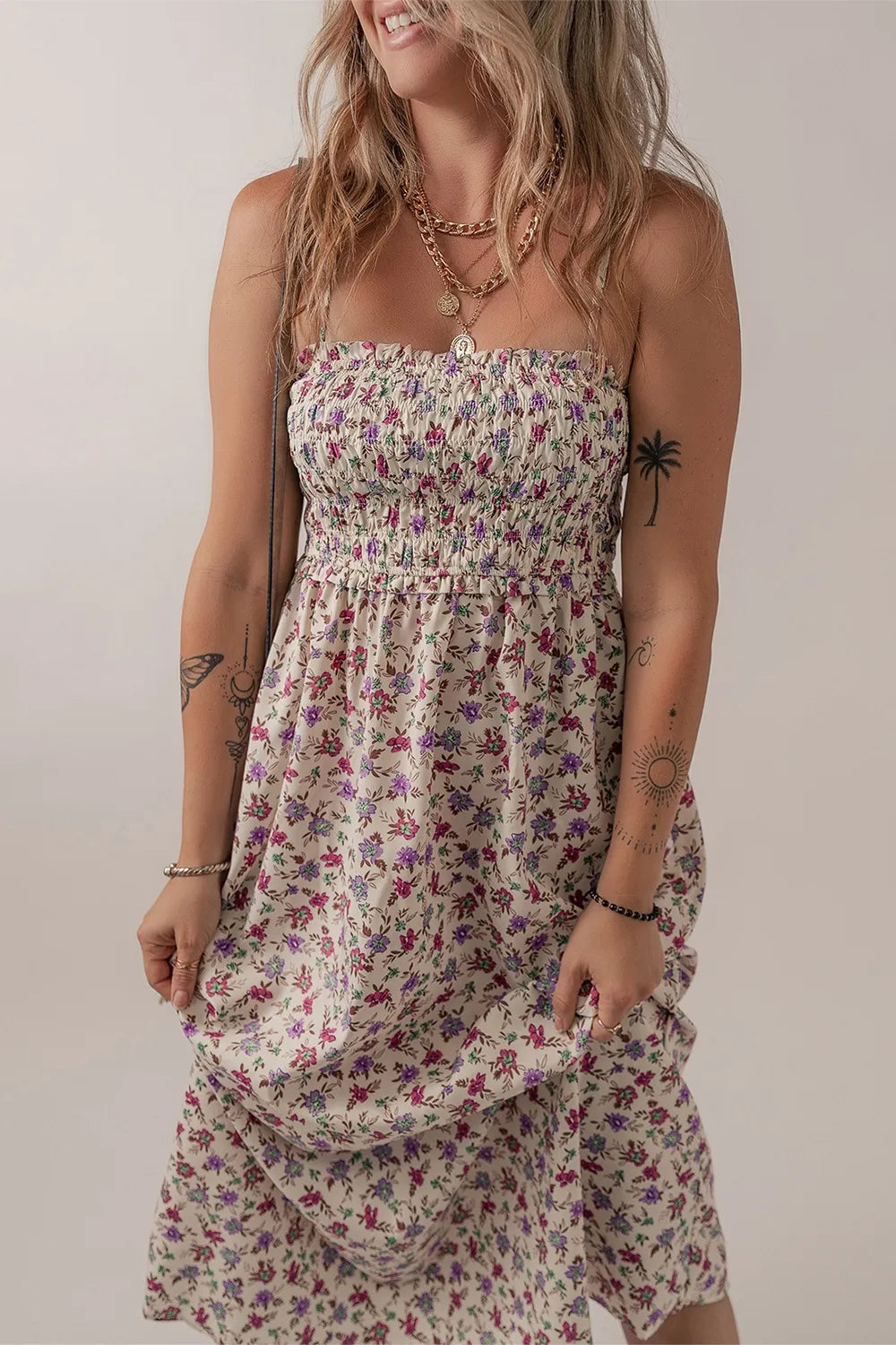 Multicolour bohemian ditsy floral smocked fit flare sundress in off-white