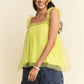 Vibrant lime green Davi & Dani shirred ruffle strap tulle babydoll top
