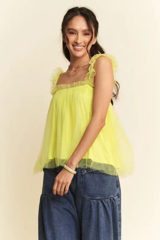 Vibrant lime green Davi & Dani shirred ruffle strap tulle babydoll top