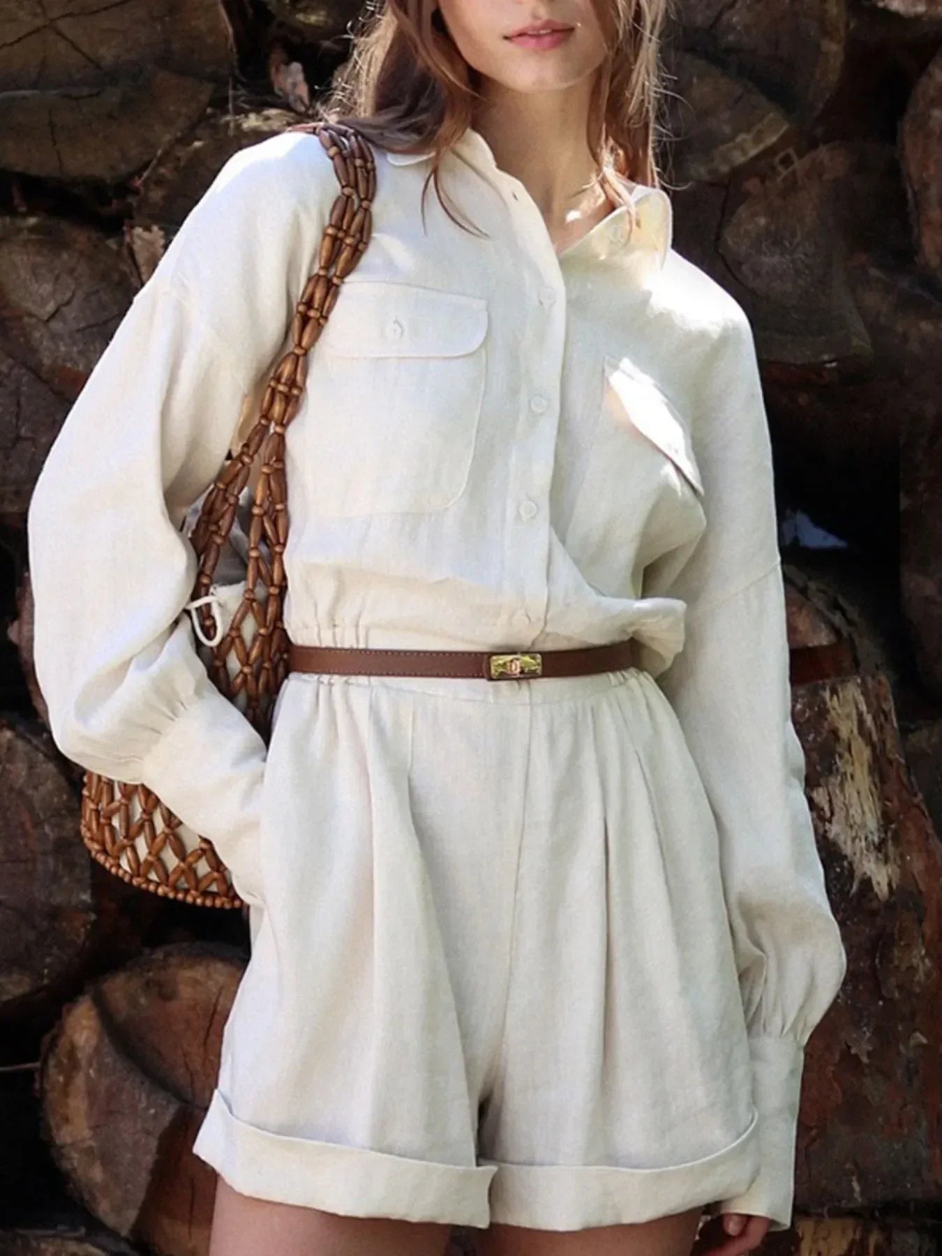 Casual Button Front Long Sleeve Romper - DAVERRI FASHIONS