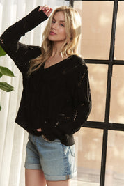 BLACK ADORA Loose Fit V Neck Knit Top | Knit Tops Daverri Fashions