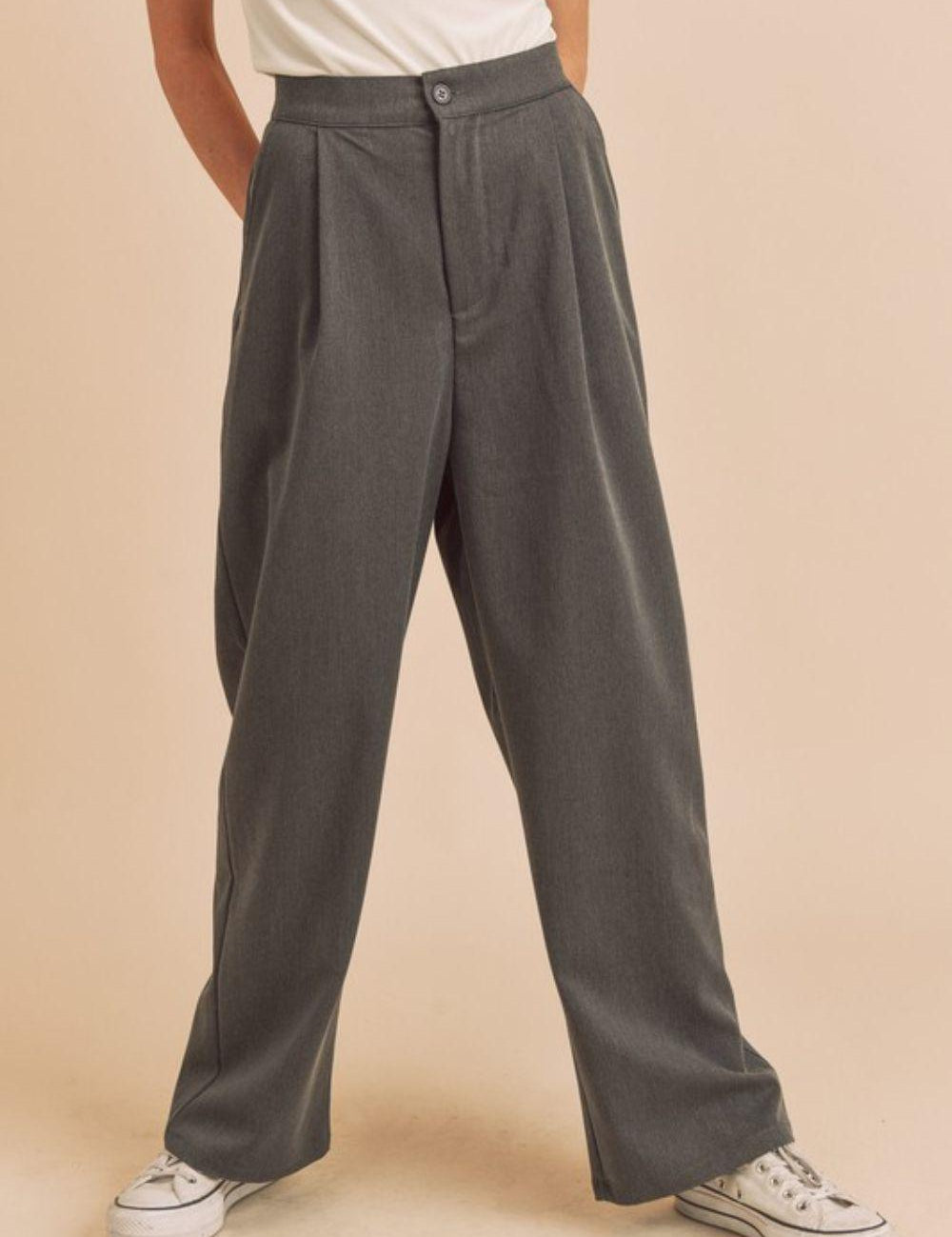 Charcoal S Aemi + Co High Waist Wide Leg Pants with Side Pockets | Pants Daverri Fashions