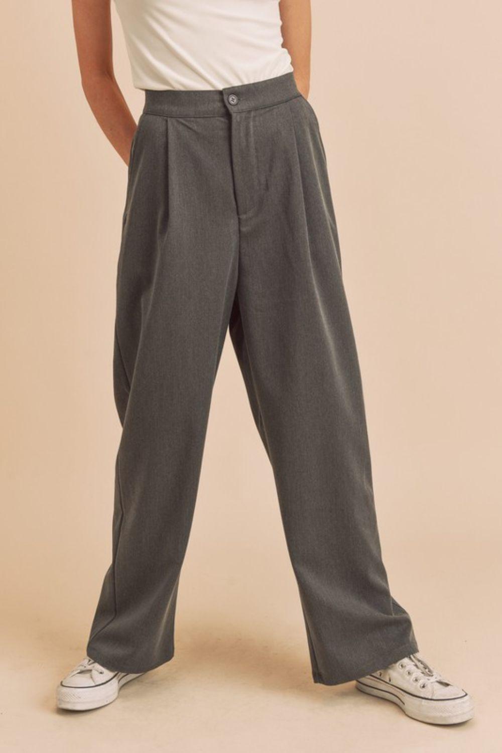 Charcoal S Aemi + Co High Waist Wide Leg Pants with Side Pockets | Pants Daverri Fashions