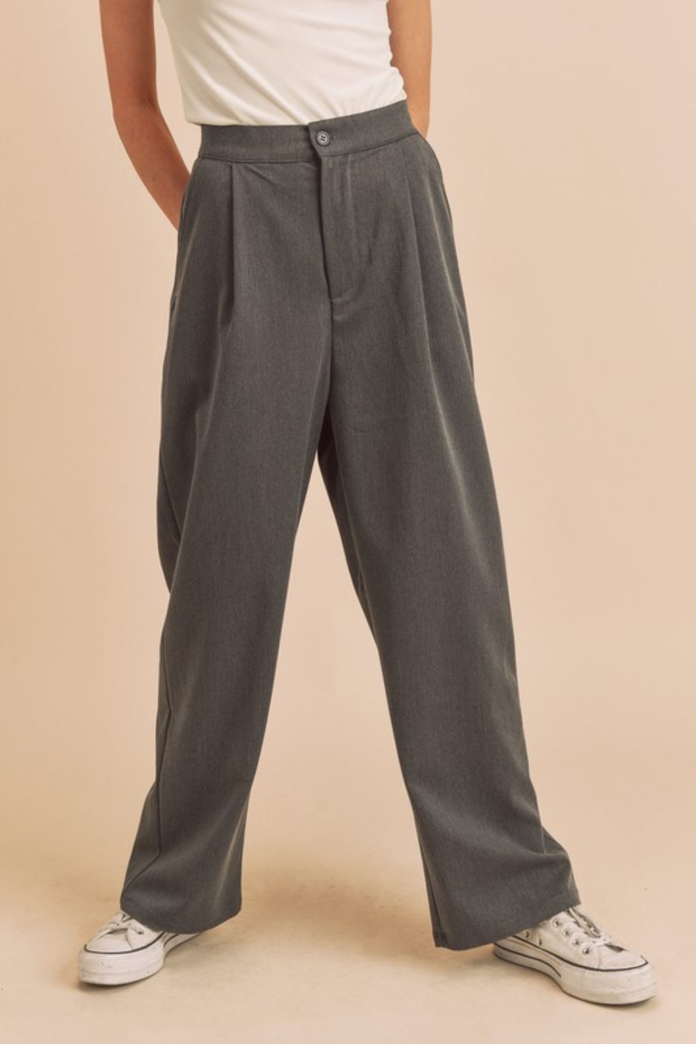 Aemi + Co High Waist Wide Leg Pants with Side Pockets Charcoal Pants