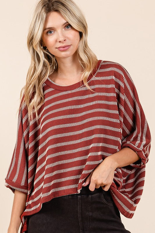 Mittoshop Texture Striped Print Round Neck Dolman Sleeve Top Tops