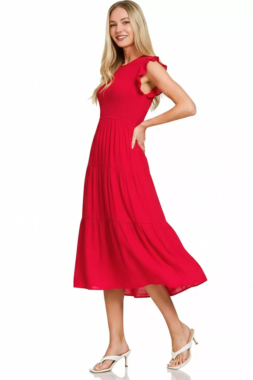 Zenana woven smocked ruffle sleeve midi dress in vibrant red