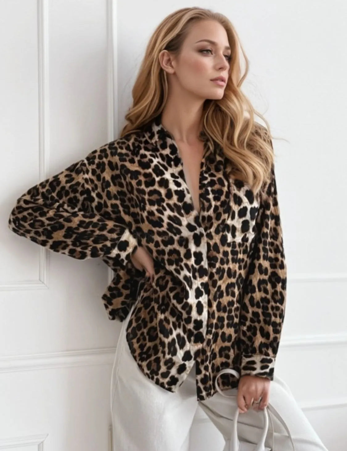 Leopard Collared Neck Long Sleeve Shirt | Shirts Daverri Fashions