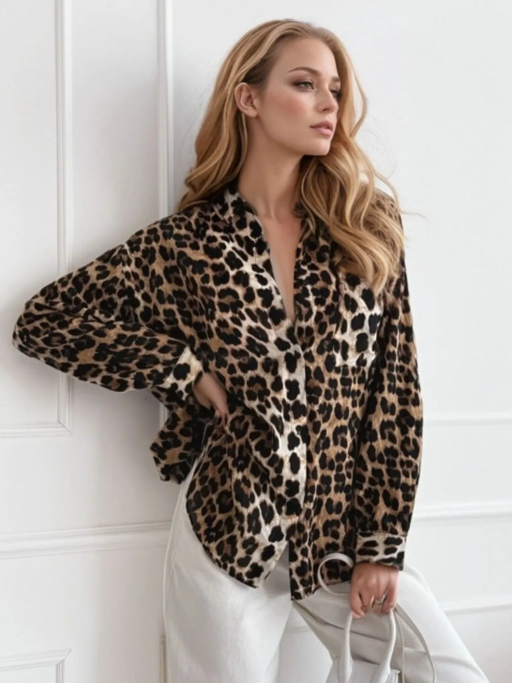 Leopard Collared Neck Long Sleeve Shirt | Shirts Daverri Fashions