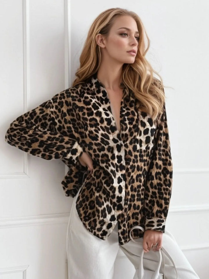 Leopard Collared Neck Long Sleeve Shirt | Shirts Daverri Fashions