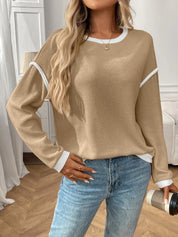 Tan Ribbed Contrast Trim Long Sleeve Top | Knit Tops Daverri Fashions