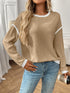 Ribbed Contrast Trim Long Sleeve Top - DAVERRI FASHIONS