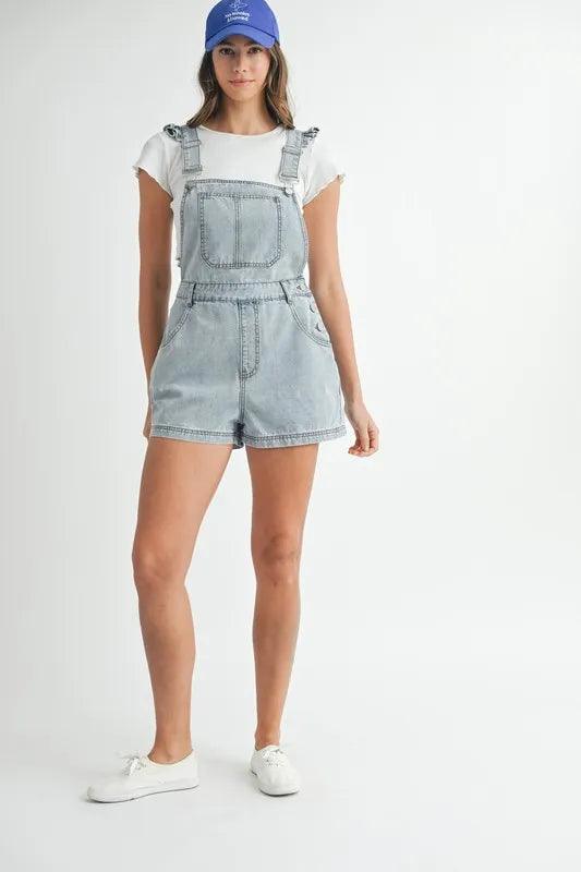 MABLE Square Neck Ruffle Shoulder Denim Overall Romper Shortalls