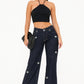 Womens Low Rise Diamond Stars Jeans in dark blue denim with silver stars