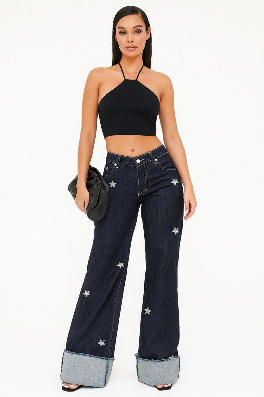 Womens Low Rise Diamond Stars Jeans in dark blue denim with silver stars