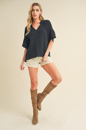 Aemi + Co Side Slit Notched Ruffled Half Sleeve Blouse | Blouses Daverri Fashions